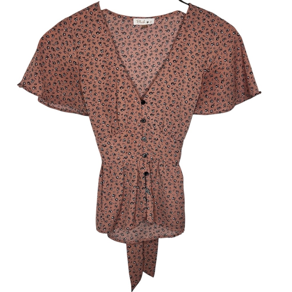 Pink Floral Short Sleeve Silk Button Up Blouse with Bow Size S